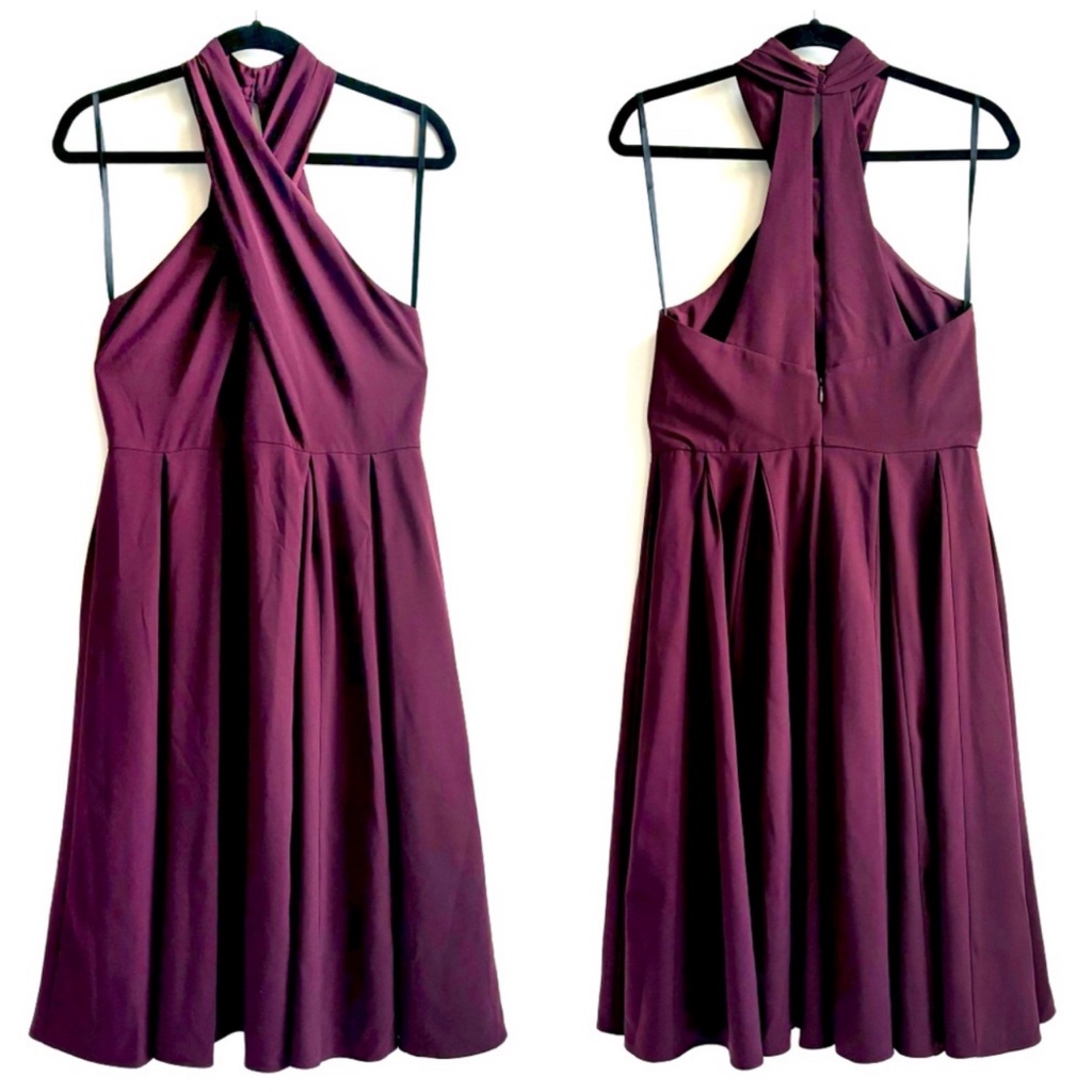 Halston Heritage Ponte Pleated Halter Fit & Flare Midi Dress In Syrah Size 6